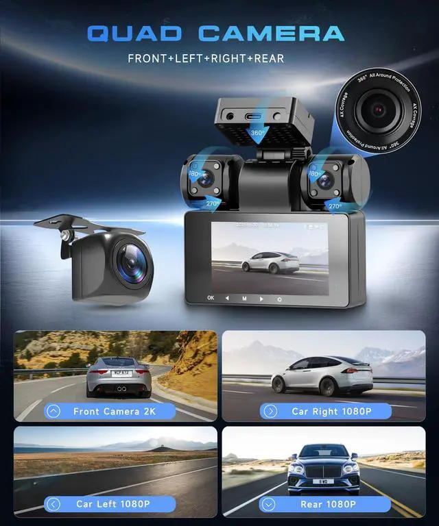 Alt view image 3 of 7 - 4 Channel 360° Dash Cam, 2K Front 1080P Rear Left Right, 3" IPS Screen, 5G WiFi APP Control, 8 IR Night Vision, G-Sensor, Loop Recording, 24/7 Parking Monitoring for Cars, Trucks, SUVs
