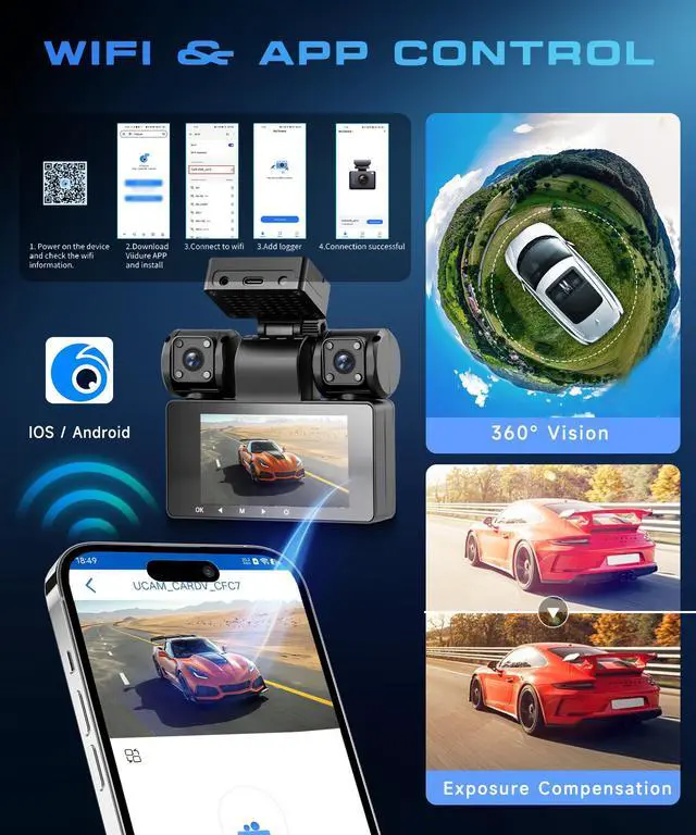 Alt view image 4 of 7 - 4 Channel 360° Dash Cam, 2K Front 1080P Rear Left Right, 3" IPS Screen, 5G WiFi APP Control, 8 IR Night Vision, G-Sensor, Loop Recording, 24/7 Parking Monitoring for Cars, Trucks, SUVs