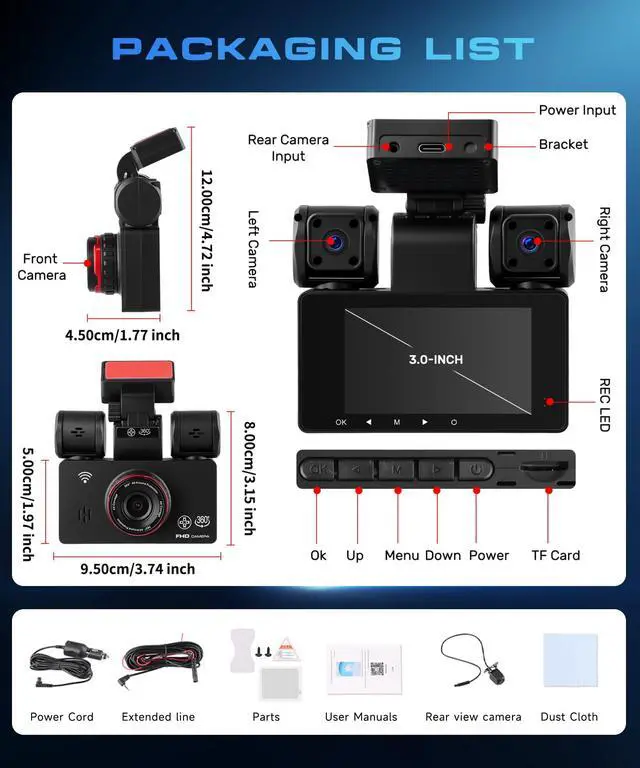 Alt view image 7 of 7 - 4 Channel 360° Dash Cam, 2K Front 1080P Rear Left Right, 3" IPS Screen, 5G WiFi APP Control, 8 IR Night Vision, G-Sensor, Loop Recording, 24/7 Parking Monitoring for Cars, Trucks, SUVs