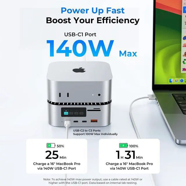 Alt view image 4 of 7 - All-in-One Charger Dock for Mac mini M4, Aluminum Mac mini M4 Dock Hub Stand with 8TB NVMe/SATA SSD Enclosure, 165W Power Delivery, 4K60Hz HDMI, Smart Display, SD/TF 4.0, 10G USB A/C, Audio