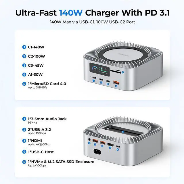 Alt view image 5 of 7 - All-in-One Charger Dock for Mac mini M4, Aluminum Mac mini M4 Dock Hub Stand with 8TB NVMe/SATA SSD Enclosure, 165W Power Delivery, 4K60Hz HDMI, Smart Display, SD/TF 4.0, 10G USB A/C, Audio
