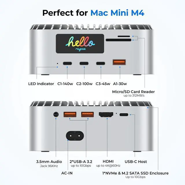 Alt view image 7 of 7 - All-in-One Charger Dock for Mac mini M4, Aluminum Mac mini M4 Dock Hub Stand with 8TB NVMe/SATA SSD Enclosure, 165W Power Delivery, 4K60Hz HDMI, Smart Display, SD/TF 4.0, 10G USB A/C, Audio