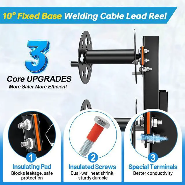 Alt view image 2 of 7 - Heavy Duty Double Welding Lead Reel, 10° Fixed Tilted Base Cable Lead Reel with Insulated Sealing Gaskets Screws No Leaks No Shorts, Fits 150ft 1/0 or 125ft 2/0 Cable