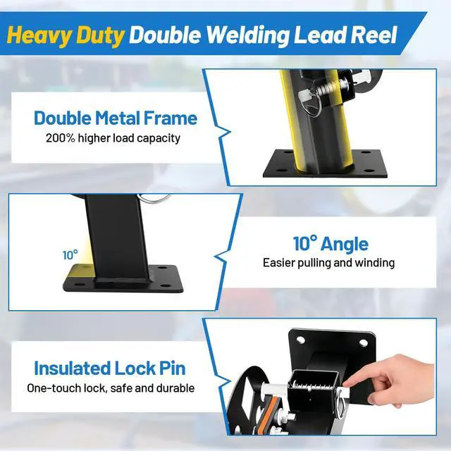 Alt view image 3 of 7 - Heavy Duty Double Welding Lead Reel, 10° Fixed Tilted Base Cable Lead Reel with Insulated Sealing Gaskets Screws No Leaks No Shorts, Fits 150ft 1/0 or 125ft 2/0 Cable