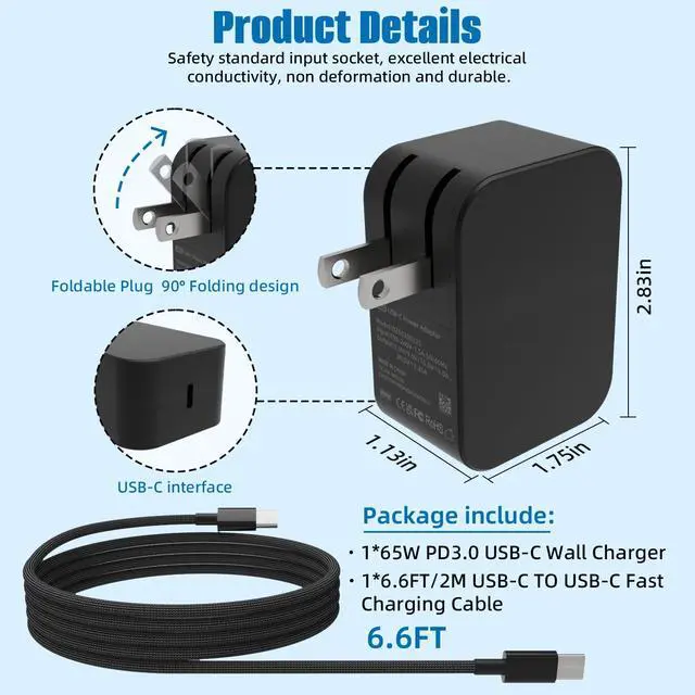 Alt view image 2 of 7 - 65W USB C Surface Pro Laptop Charger for Windows Microsoft Surface Pro 12" Copilot + PC, Surface Pro 13"Surface Laptop 13" Snapdragon X Elite,Surface Go,Surface Pro 9/10/X/11/12 PD 3.0 Power Adapter