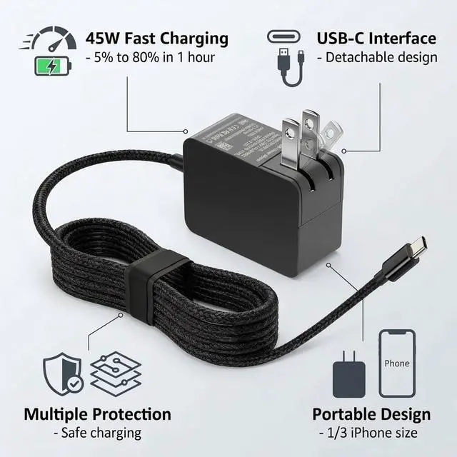 Alt view image 4 of 7 - 65W USB C Surface Pro Laptop Charger for Windows Microsoft Surface Pro 12" Copilot + PC, Surface Pro 13"Surface Laptop 13" Snapdragon X Elite,Surface Go,Surface Pro 9/10/X/11/12 PD 3.0 Power Adapter