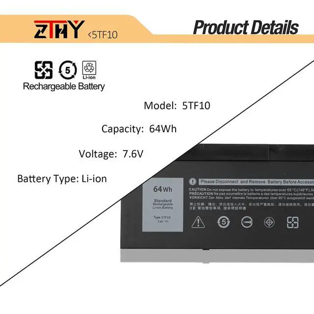Alt view image 3 of 7 - 5TF10 Laptop Battery for Dell Precision 7730 7740 7530 7540 Series Notebook | NYFJH RY3F9 0RY3F9 7M0T6 GHXKY 05TF10 P34E P34E001 P34E002 P74F P74F001 P74F002 7.6V 64Wh 4-Cell