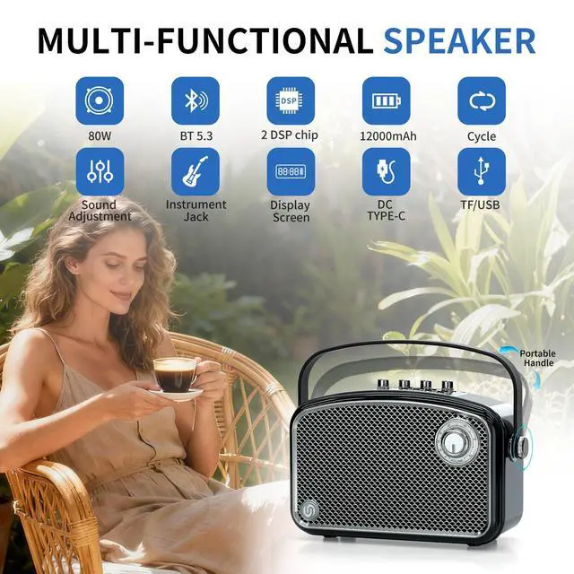 Alt view image 2 of 7 - Bluetooth Speaker 120W Peak Powerful HiFi Loud Sound with Deep Bass, Dual DSP Chips, Bass/Treble controls, Vintage Decor Portable Wireless Boombox Speakers Ideal Gift for Party Camping Backyard