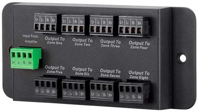 Main image of 8 Zone Single Input Speaker Distribution Hub, Connect Up to 8 Pairs of Speakers to A Single Amplifier or Receiver, Black (138161)