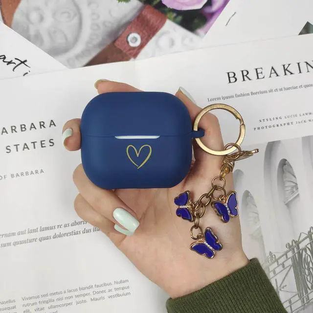 Alt view image 6 of 7 - Compatible with Samsung Galaxy Buds 3 Pro and Galaxy Buds 3 (2024), Soft Silicone Case with Gold Heart Pattern with Cute Butterfly Keychain for Girls Women (Midnight Blue)