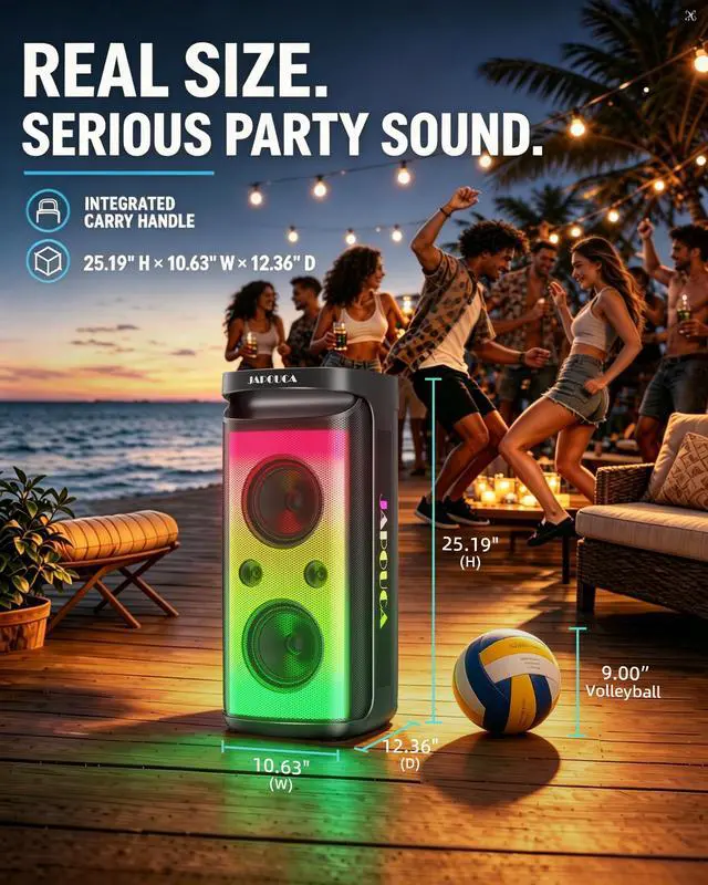 Alt view image 2 of 7 - 400W Peak Bluetooth Party Speaker, 125dB Loud with Deep Bass & LED Lights. Features BT5.3, Mic & Guitar Inputs, Plus Bass/Treble/Echo Controls. Portable & Powerful for All Gatherings and Parties