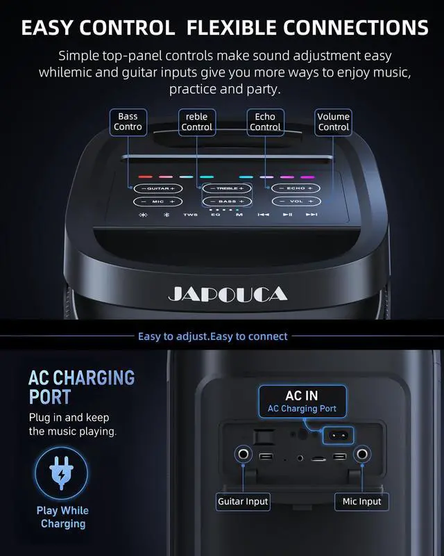 Alt view image 4 of 7 - 400W Peak Bluetooth Party Speaker, 125dB Loud with Deep Bass & LED Lights. Features BT5.3, Mic & Guitar Inputs, Plus Bass/Treble/Echo Controls. Portable & Powerful for All Gatherings and Parties