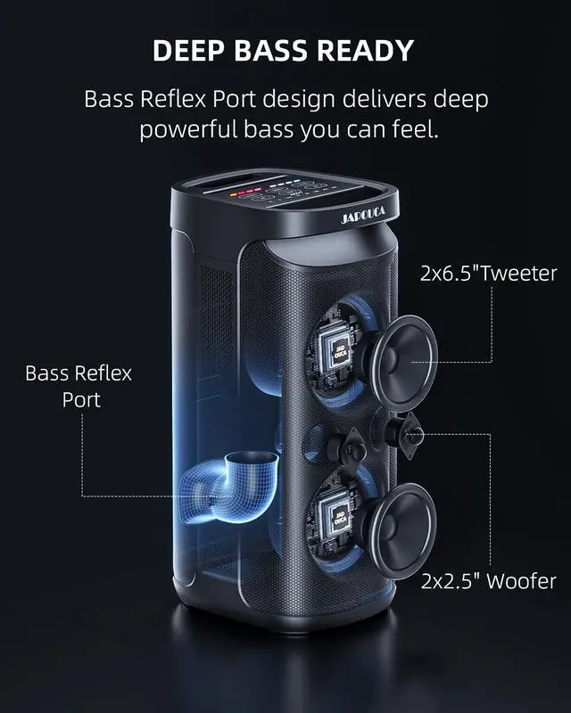Alt view image 6 of 7 - 400W Peak Bluetooth Party Speaker, 125dB Loud with Deep Bass & LED Lights. Features BT5.3, Mic & Guitar Inputs, Plus Bass/Treble/Echo Controls. Portable & Powerful for All Gatherings and Parties