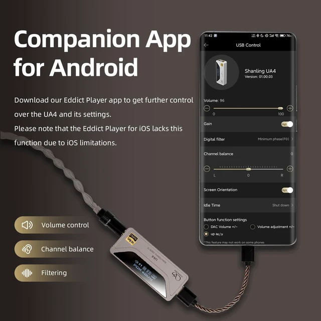 Alt view image 5 of 7 - UA4 Headphone Amplifier, Portable USB DAC AMP, Support MQA 16X, 768kHz DSD512, High Driving Power for Android/iOS/Mac/Windows, Dongle Volume Control, 3.5/4.4mm up to 237mW@32 Output (Silver)