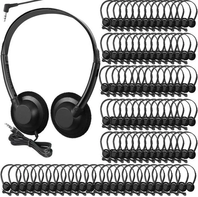 Main image of 100 Pieces Classroom School Headphones Bulk on Ear Headphone with 3.5mm Headphone Plug in Adjustable Disposable for Kids Adults Student Noise Stereo Sound Library No Microphone