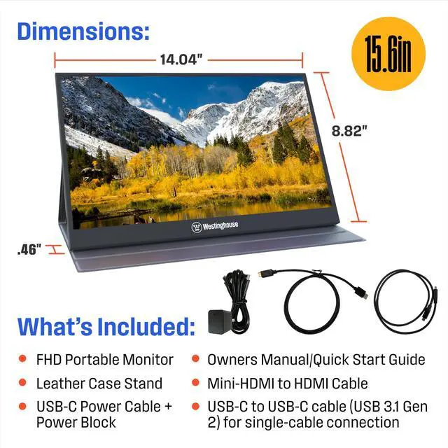 Alt view image 7 of 7 - 15.6 Inch Portable Monitor for Laptop & Travel, 1080p, 60Hz, IPS Display, Full HD Screen with Magnetic Protective Cover, Built in Speakers, 1x Mini HDMI, 1x USB Type-C