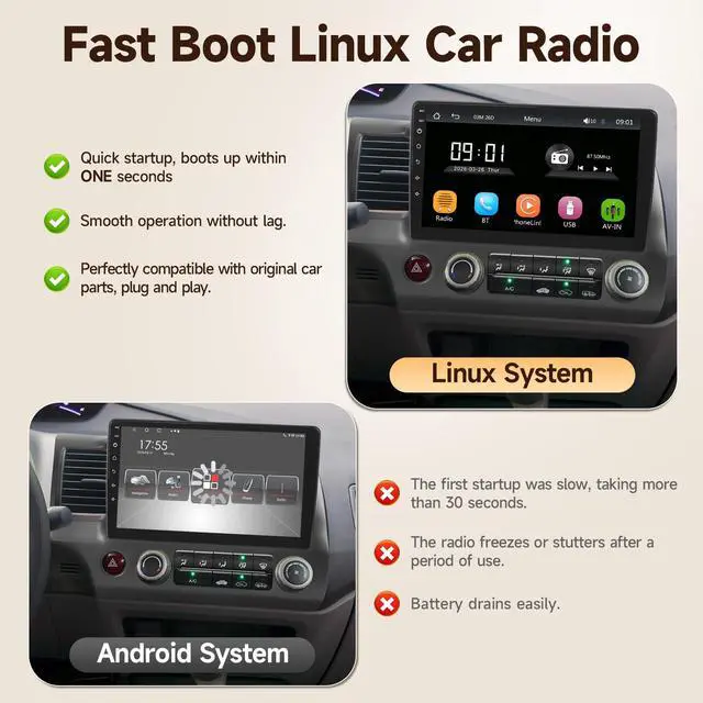 Alt view image 3 of 7 - Linux Car Radio for Honda Civic 2006 2007 2008 2009 2010 2011 Fast Boot | Wireless CarPlay and Android Auto, 10.1'' Touch Screen for Honda Civic Bluetooth FM Backup Camera SWC 1280P