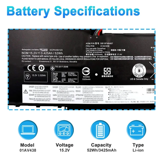 Alt view image 2 of 7 - 01AV438 01AV439 00HW028 Battery for Lenovo Thinkpad X1 Carbon 4th Gen for Lenovo Thinkpad X1 Yoga 1st Gen 2016; ThinkPad X1 Yoga 2nd Gen 2017 Series 01AV458 SB10F46466 SB10F46467 15.2V 52Wh