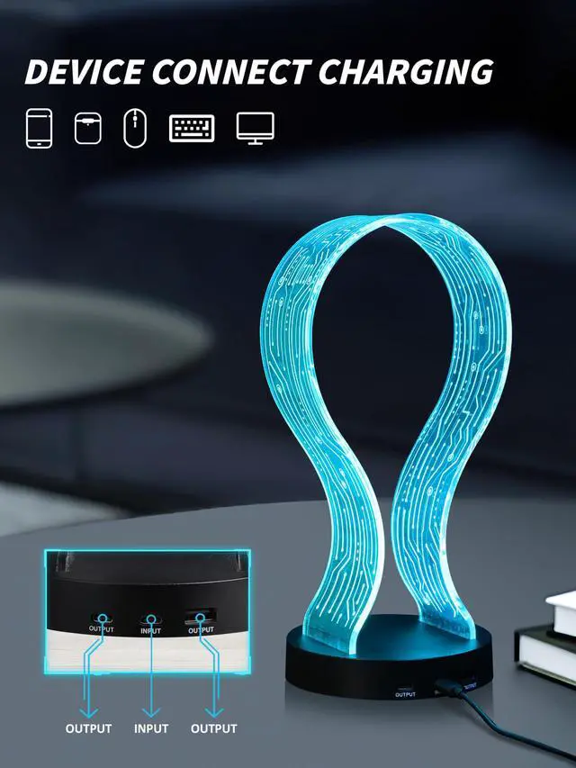 Alt view image 3 of 7 - RGB Headphone Stand, 16 Colors LED Lighting with Remote Control, Base with USB & Type-C Charging Port, Dimmable & Timer, Gaming Accessories Gift forGamers Men Boy & Music Lovers