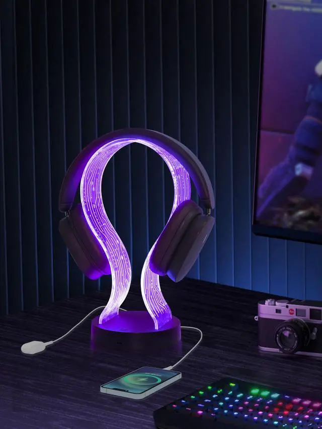 Alt view image 4 of 7 - RGB Headphone Stand, 16 Colors LED Lighting with Remote Control, Base with USB & Type-C Charging Port, Dimmable & Timer, Gaming Accessories Gift forGamers Men Boy & Music Lovers