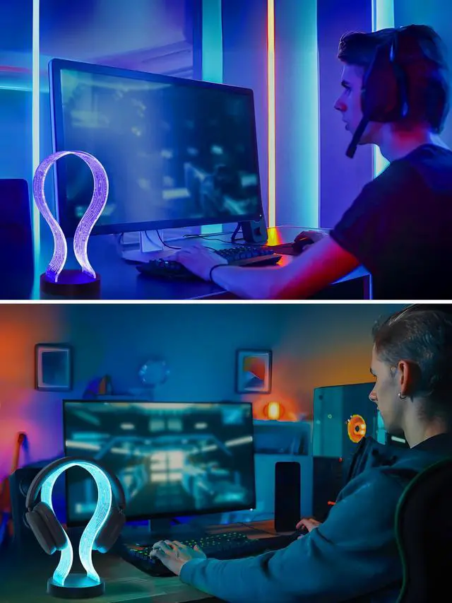 Alt view image 5 of 7 - RGB Headphone Stand, 16 Colors LED Lighting with Remote Control, Base with USB & Type-C Charging Port, Dimmable & Timer, Gaming Accessories Gift forGamers Men Boy & Music Lovers