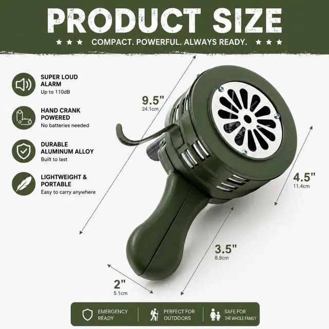 Alt view image 2 of 7 - 110 DB Hand Crank Siren Horn with Foldable Handle, Portable | Loud Emergency Safety Manual Siren, Metal Manual Handheld Air Raid Siren Fire Alarm for Self Protection, Home, Sport Event