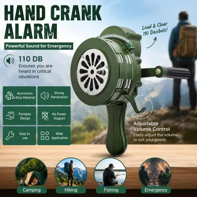 Alt view image 3 of 7 - 110 DB Hand Crank Siren Horn with Foldable Handle, Portable | Loud Emergency Safety Manual Siren, Metal Manual Handheld Air Raid Siren Fire Alarm for Self Protection, Home, Sport Event