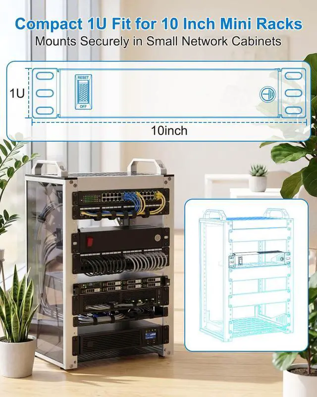Alt view image 2 of 6 - 10 Inch Rack PDU, 4 Rear Outlets, 15A Overload Switch | 1U Rackmount Power Strip for 10'' Mini Server Network Cabinet, Rack, Self, 6ft Cable