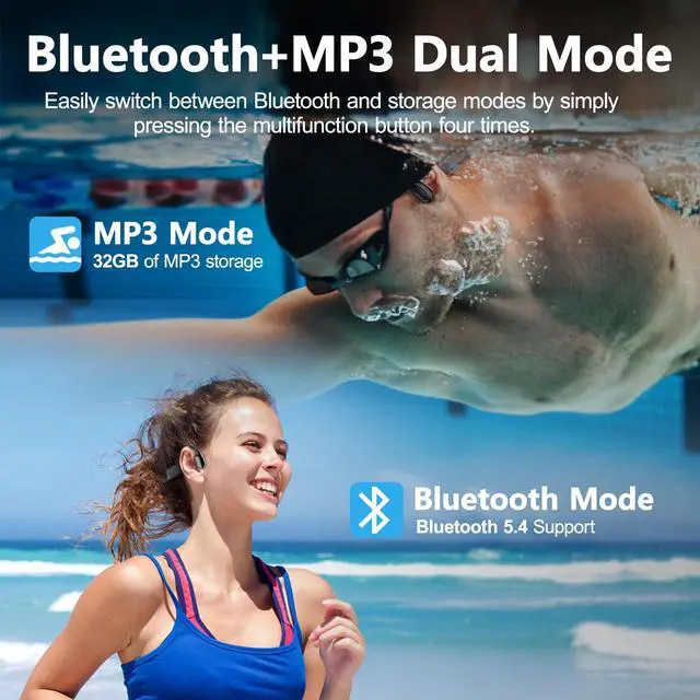 Alt view image 4 of 7 - Swimming Headphones, Bone Conduction Headphones Bluetooth 5.4, IPX8 Waterproof with 32GB MP3 Player, Open Earphones with Safelight, Underwater Headphone for Swimming, Night Running, Fitness