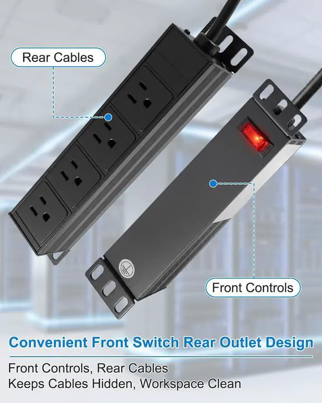 Alt view image 3 of 6 - 10 Inch Rack PDU, 4 Rear Outlets, 15A Overload Switch | 1U Rackmount Power Strip for 10'' Mini Server Network Cabinet, Rack, Self, 6ft Cable