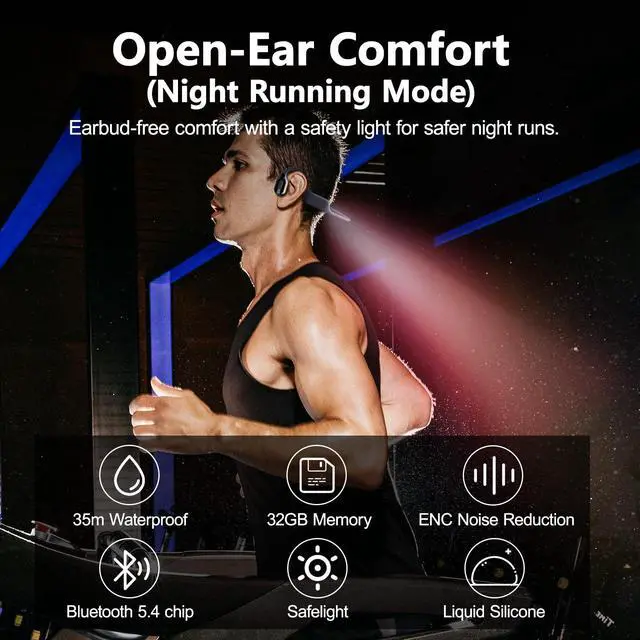 Alt view image 5 of 7 - Swimming Headphones, Bone Conduction Headphones Bluetooth 5.4, IPX8 Waterproof with 32GB MP3 Player, Open Earphones with Safelight, Underwater Headphone for Swimming, Night Running, Fitness