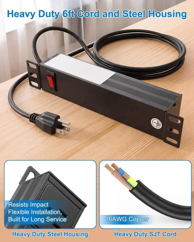 Alt view image 5 of 6 - 10 Inch Rack PDU, 4 Rear Outlets, 15A Overload Switch | 1U Rackmount Power Strip for 10'' Mini Server Network Cabinet, Rack, Self, 6ft Cable