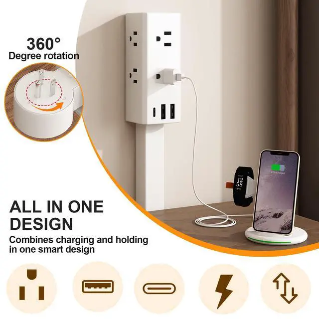 Alt view image 2 of 7 - Electrical Outlet Extender Stick, 360° Rotating Wall Socket Expander, Adjustable 20"-30", with 6 Outlets & 2 USB-A+1 USB-C Ports for Behind Couches Nightstands Desks Hard-to-Reach Areas (A #)