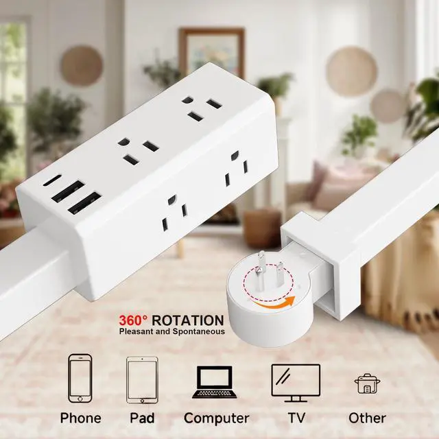 Alt view image 6 of 7 - Electrical Outlet Extender Stick, 360° Rotating Wall Socket Expander, Adjustable 20"-30", with 6 Outlets & 2 USB-A+1 USB-C Ports for Behind Couches Nightstands Desks Hard-to-Reach Areas (A #)