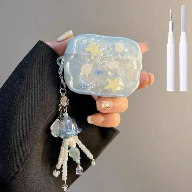 Main image of Compatible with AirPods 4 Case Protective Cute Shell Starfish Cover with Cleaner Kit Jellyfish Keychain for Girls Women for Airpods 4th Generation-Blue