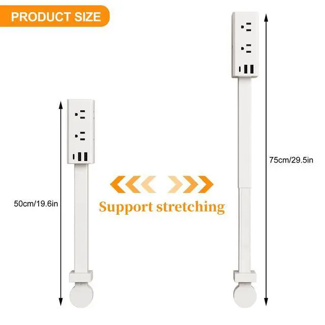 Alt view image 5 of 7 - Electrical Outlet Extender Stick, 360° Rotating Wall Socket Expander, Adjustable 20"-30", with 6 Outlets & 2 USB-A+1 USB-C Ports for Behind Couches Nightstands Desks Hard-to-Reach Areas (A #)