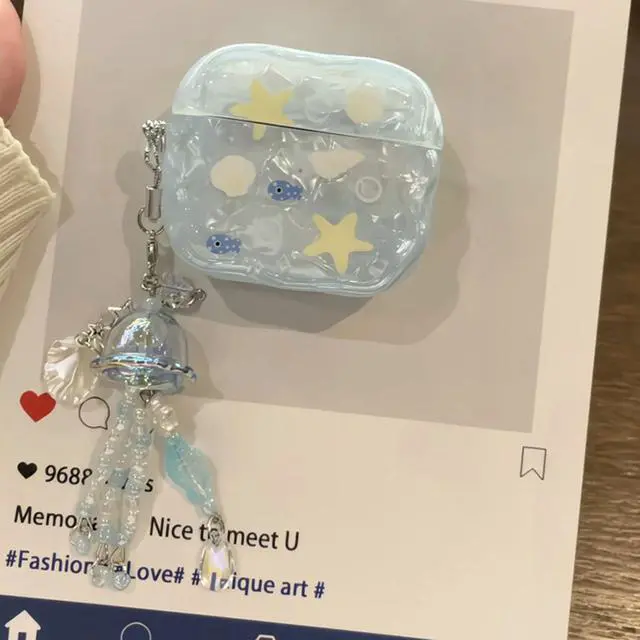Alt view image 2 of 7 - Compatible with AirPods 4 Case Protective Cute Shell Starfish Cover with Cleaner Kit Jellyfish Keychain for Girls Women for Airpods 4th Generation-Blue