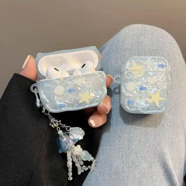 Alt view image 3 of 7 - Compatible with AirPods 4 Case Protective Cute Shell Starfish Cover with Cleaner Kit Jellyfish Keychain for Girls Women for Airpods 4th Generation-Blue
