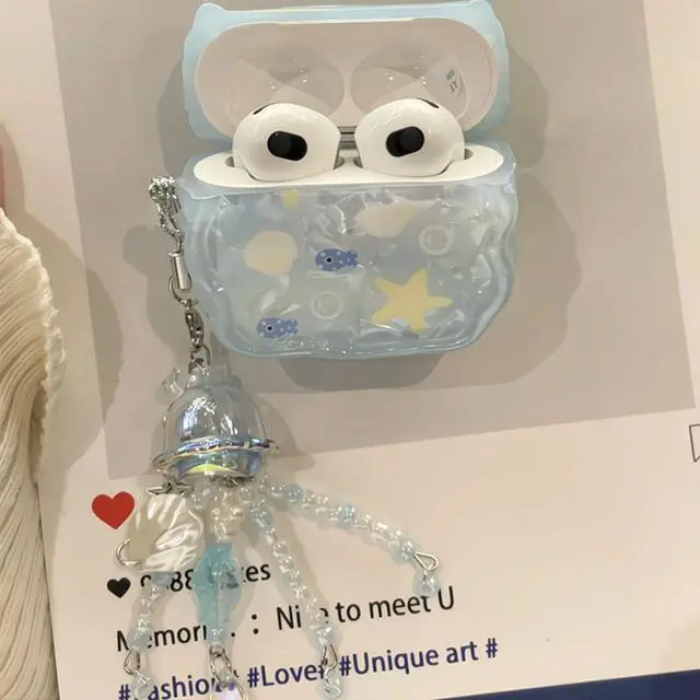 Alt view image 4 of 7 - Compatible with AirPods 4 Case Protective Cute Shell Starfish Cover with Cleaner Kit Jellyfish Keychain for Girls Women for Airpods 4th Generation-Blue