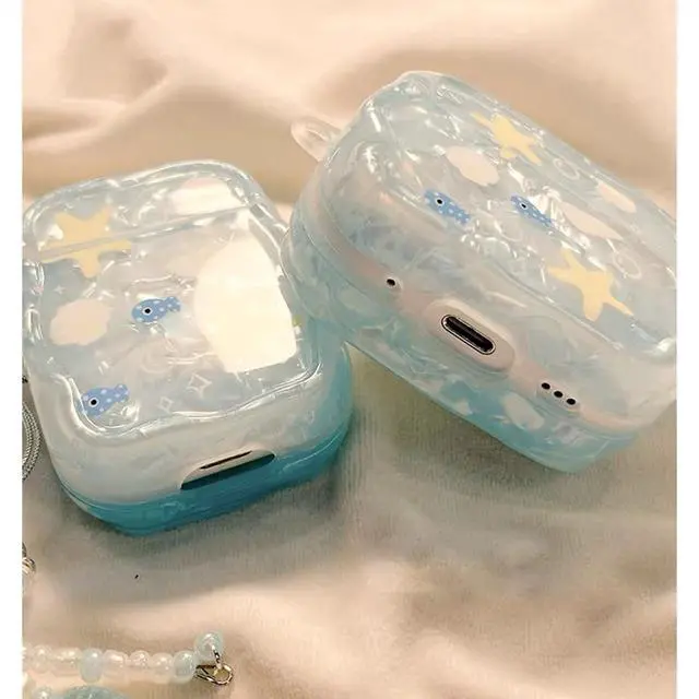 Alt view image 5 of 7 - Compatible with AirPods 4 Case Protective Cute Shell Starfish Cover with Cleaner Kit Jellyfish Keychain for Girls Women for Airpods 4th Generation-Blue