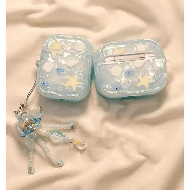 Alt view image 6 of 7 - Compatible with AirPods 4 Case Protective Cute Shell Starfish Cover with Cleaner Kit Jellyfish Keychain for Girls Women for Airpods 4th Generation-Blue