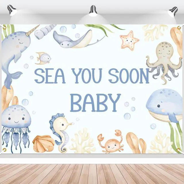 Main image of Sea You Soon Baby Baby Shower Decorations - Under the Sea Baby Shower Backdrop, Ocean Animals Welcome Boy or Girl Decor, 7 * 5Ft