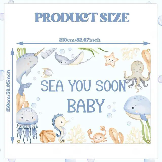 Alt view image 2 of 6 - Sea You Soon Baby Baby Shower Decorations - Under the Sea Baby Shower Backdrop, Ocean Animals Welcome Boy or Girl Decor, 7 * 5Ft