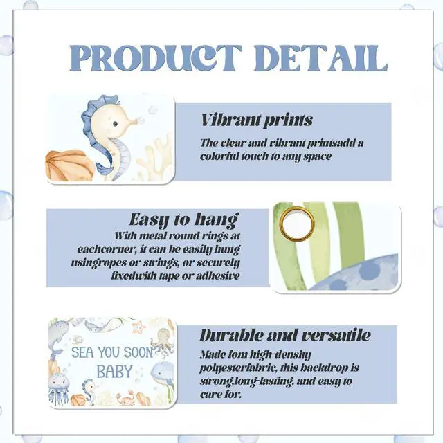 Alt view image 3 of 6 - Sea You Soon Baby Baby Shower Decorations - Under the Sea Baby Shower Backdrop, Ocean Animals Welcome Boy or Girl Decor, 7 * 5Ft