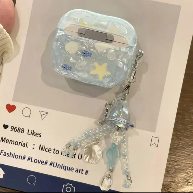 Alt view image 7 of 7 - Compatible with AirPods 4 Case Protective Cute Shell Starfish Cover with Cleaner Kit Jellyfish Keychain for Girls Women for Airpods 4th Generation-Blue