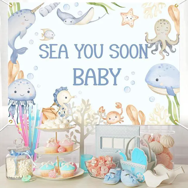 Alt view image 4 of 6 - Sea You Soon Baby Baby Shower Decorations - Under the Sea Baby Shower Backdrop, Ocean Animals Welcome Boy or Girl Decor, 7 * 5Ft