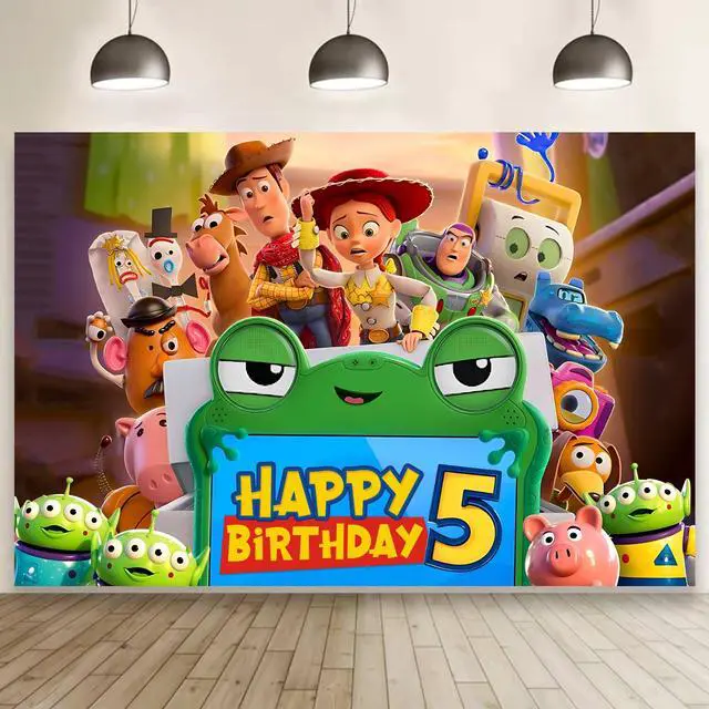 Main image of Cartoon for Toy Inspired Story 2026 Background Birthday Decorations, Happy Birthday Banner Backdrop for Dragon Birthday Party Supplies, Polyester Fabric (5x3ft)