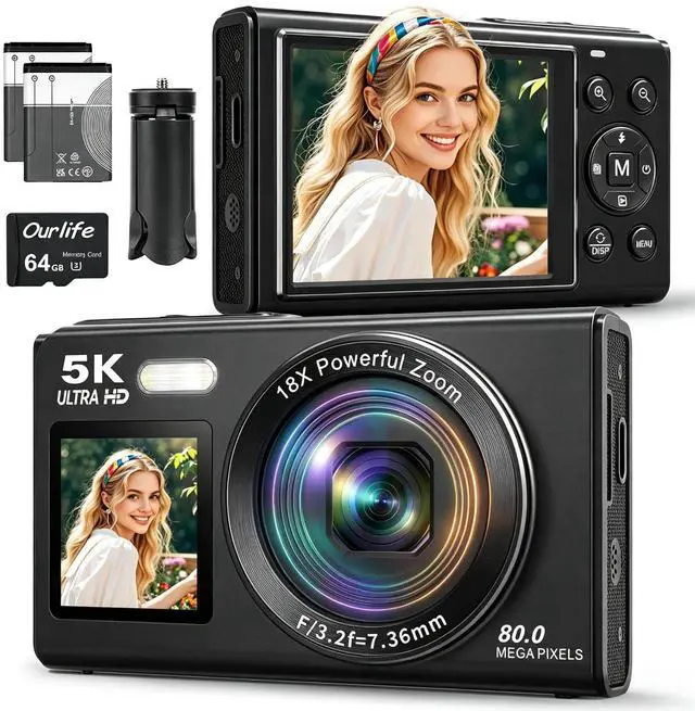 Main image of 5K 80MP Digital Cameras for Photography with Tripod 2 Batteries 64GB | Dual Screen Autofocus Vlogging Camera for YouTube,Compact Point and Shoot Camera Good for Beginners Campus,Travel