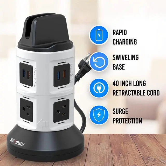 Alt view image 2 of 6 - Spin Power Strip Tower Surge Protector - 4 Outlets, 6 USB Ports, 40" Retractable Cord, 360° Rotation | Electric Charging Station with Built-in Phone & Tablet Holder | USB Outlet Extender