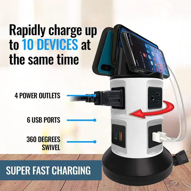 Alt view image 4 of 6 - Spin Power Strip Tower Surge Protector - 4 Outlets, 6 USB Ports, 40" Retractable Cord, 360° Rotation | Electric Charging Station with Built-in Phone & Tablet Holder | USB Outlet Extender